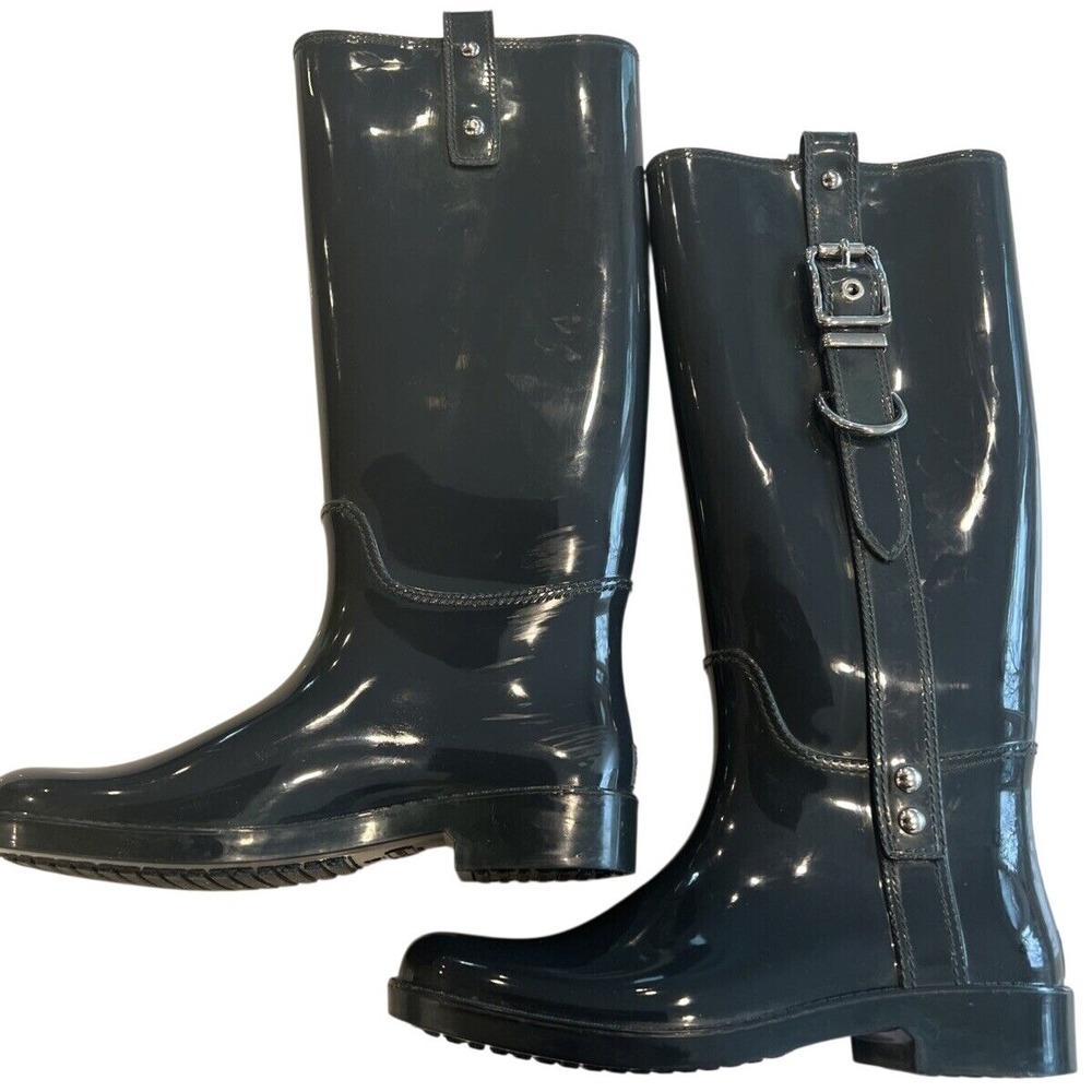 Women's Coach Rain boots Sz 6 TASHA  Shiny Graphite Silver Buckle